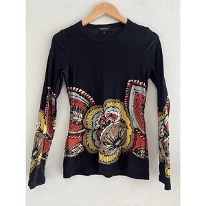 Karen Kane Y2K Sheer Mesh Long Sleeve Slim  Black Printed Top Large Boho Fest